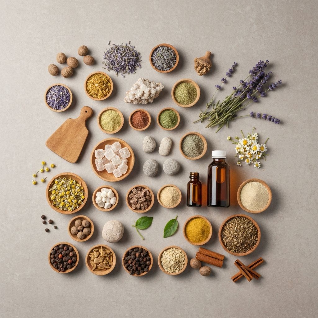Collection of natural supplement ingredients including herbs, minerals, and plant materials